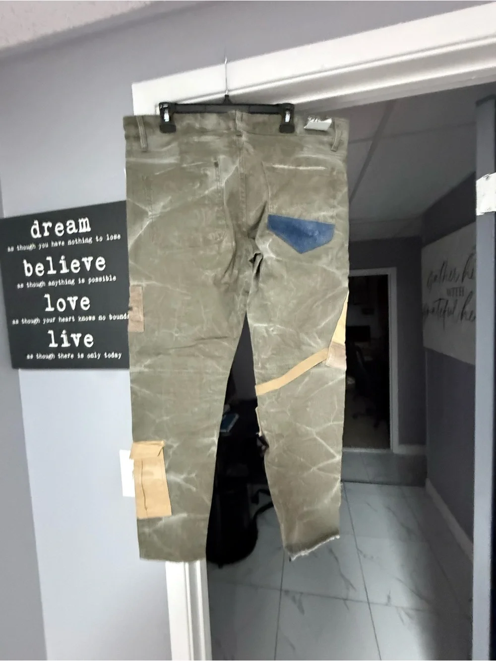 Jordan Craig Patchwork jeans in Olive Green with Multi-Panel Details